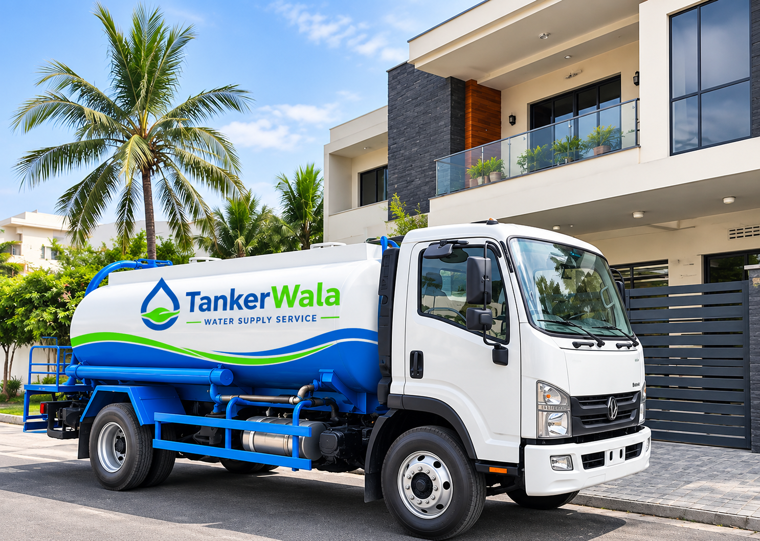 Tanker Wala water tanker truck parked outside a modern home