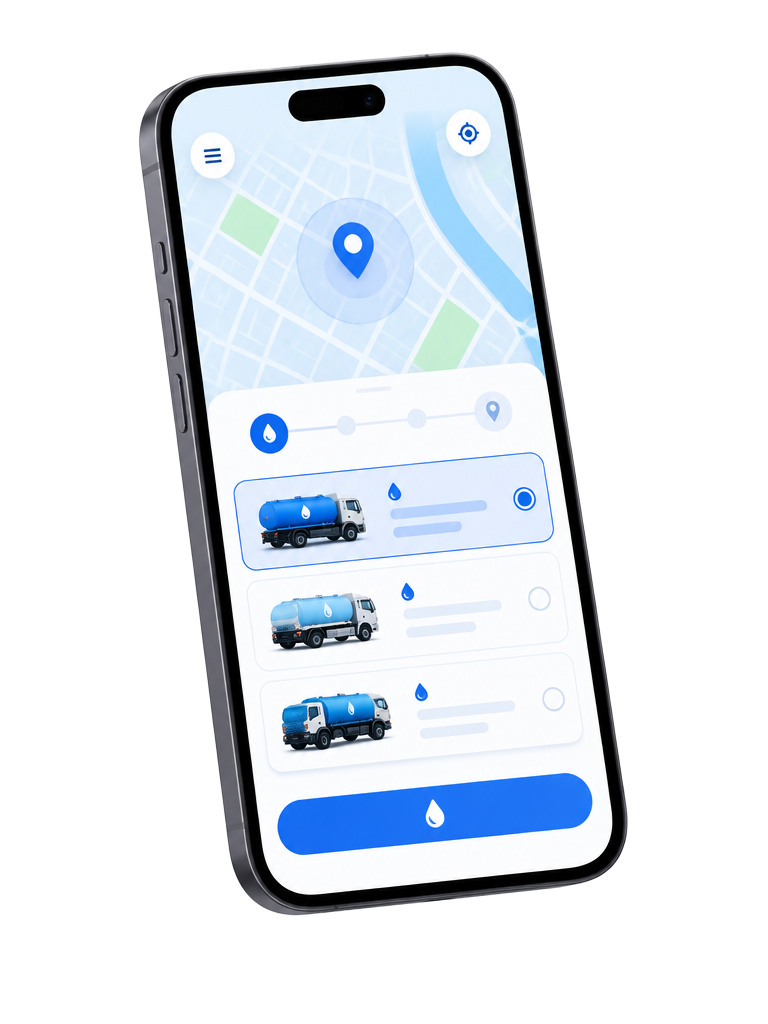 Illustration of a water tanker booking app on a phone