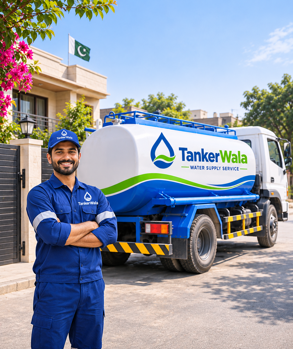 Smiling Tanker Wala delivery driver in uniform standing with arms crossed in front of a branded water tanker truck